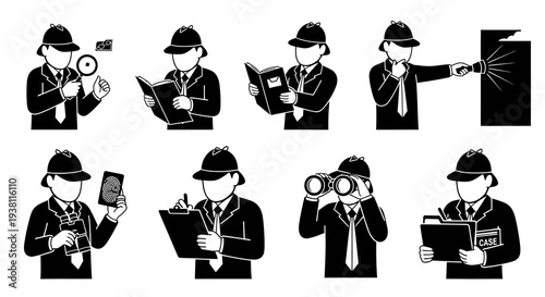 Detective icon set, black and white glyph style, investigating clues