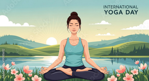 Woman meditates in lotus position by serene lake with pink flowers at sunset yoga day