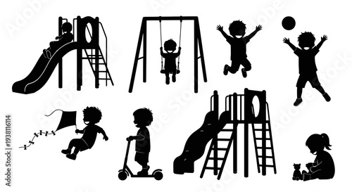 Children playing on playground equipment, silhouettes, black and white