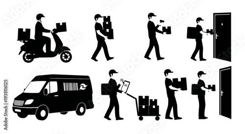 Delivery Service Icons: Scooter, Van, Door, Package, Icon