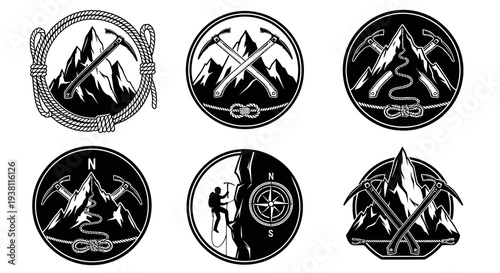 Black and White Mountain Climbing Icons with Ice Axes and Rope