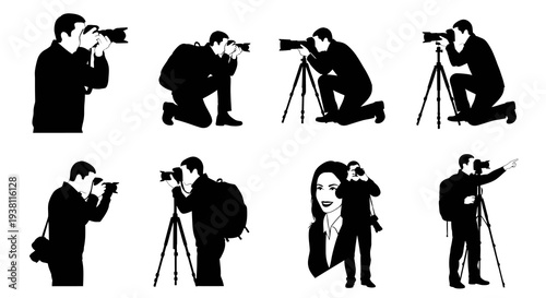 Photographer Silhouette Icons: Black and White Vector Art for Media Industry