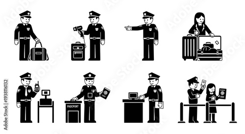 Airport Security Icons: Customs Officer Checking Passports and Luggage