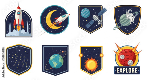 Space exploration themed patches and stickers collection.
