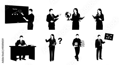 Black and White Silhouette Icons of Teachers and Students in Education