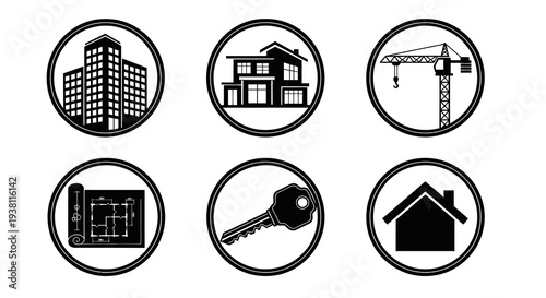 Real Estate Icons Set: Buildings, Crane, Blueprint, Key, House, Construction