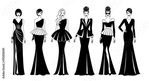 Fashionable Women in Black Evening Gowns, Fashion Vector Art