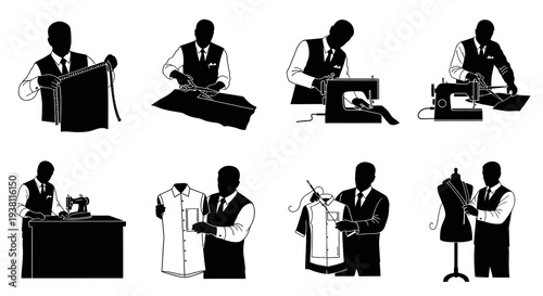 Black  White Silhouettes of Tailor at Work, Sewing, Cutting Fabric