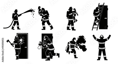 Firefighter Icons: Rescues, Water Spray, Ladder, Axe, Smoke, Black  White
