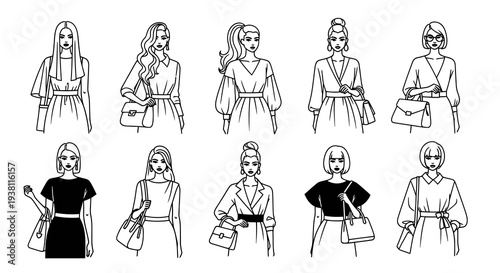Black and White Fashion Line Art of Diverse Women Holding Handbags