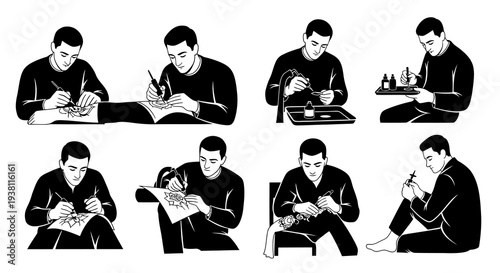 Tattoo artist at work, Black and white vector illustration