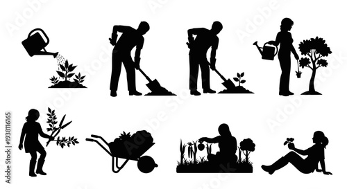 Gardening Silhouettes: People Planting, Watering, and Harvesting Plants