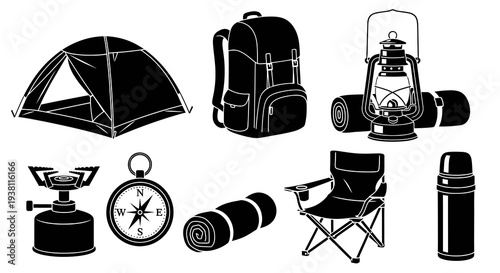 Black and White Camping Gear Icons - Vector Set