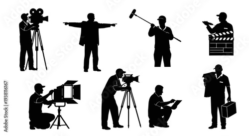 Film Production Silhouettes: Camera, Boom Mic, Clapperboard, Director