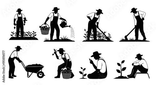 Farmers with tools and plants, vector illustration, black and white