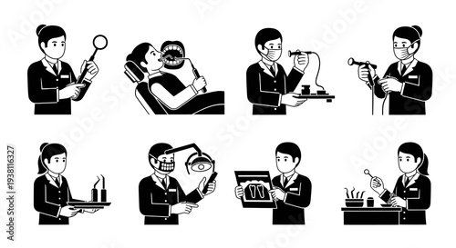 Dental Clinic Icons: Dentist with Tools, Patient, X-ray, Line Art