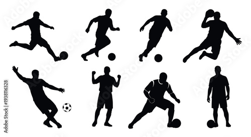 Soccer Player Silhouettes - Dynamic Sports Action, Black  White Vector Art