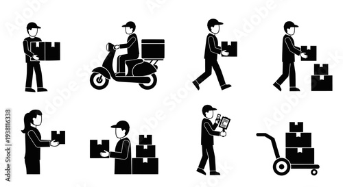 Delivery and Logistics Icons:courier, scooter, boxes, hand truck