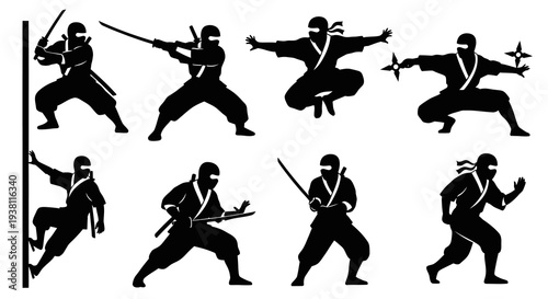 Black Silhouette Ninjas with Swords and Shurikens, Vector Art
