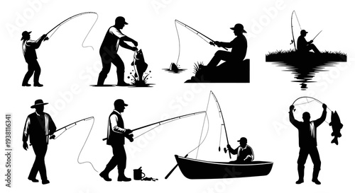 Black  White Silhouette Icons of Fishermen and Fishing Scenes