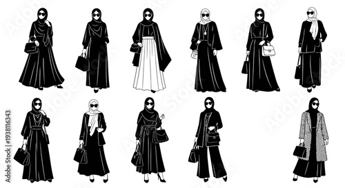 Black  White Line Art Islamic Fashion Women Hijab Outfits
