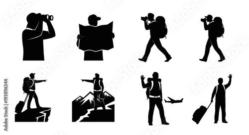 Travel  Adventure Icons: Hikers, Photographers, Tourists - Black  White Silhouettes