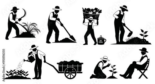 Farmers Silhouette Icons: Agriculture  Gardening Work, Black and White
