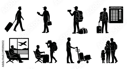 Airport Travel Silhouettes: People with Luggage and Departure Board