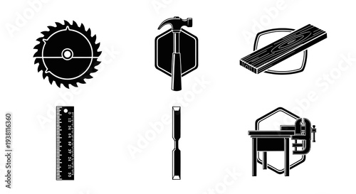 Black and White Icons of Carpentry Tools for Woodworking Industry