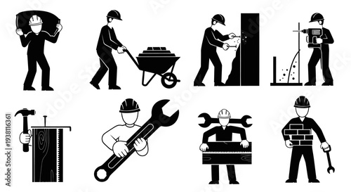 Construction worker icons: building, tools, and labor in black and white glyph style