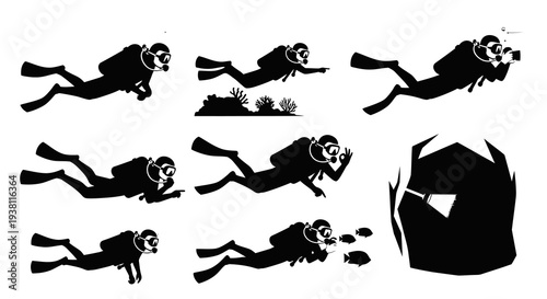 Black  White Silhouettes of Scuba Divers and Underwater Cave
