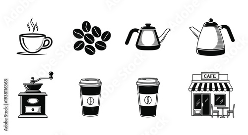 Coffee Shop Icons: Cup, Beans, Grinder, Kettle, Takeaway Cup, Cafe - BW Line Art