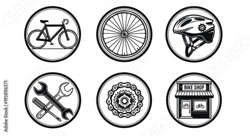 Black and White Icons of Bicycle Parts and Bike Shop, Line Art