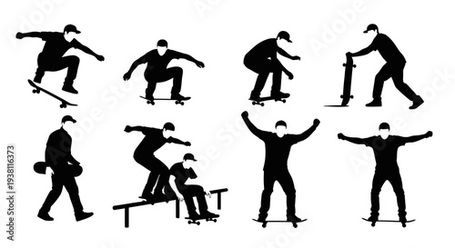 Silhouette Skateboarder Silhouettes Set, Black  White Vector Art
