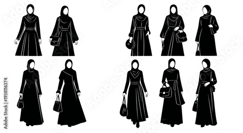 Black  White Fashion Vector: Diverse Muslim Women in Abaya  Hijab