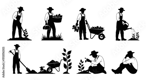 Silhouette Farmers Planting, Harvesting, Watering, Farming Icons