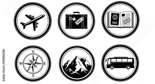 Travel Icons Black White Line Art - Airplane, Suitcase, Book, Compass, Mountains, Bus