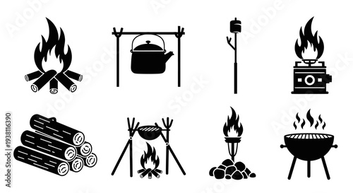 Camping Icons Black White Glyph Outdoor Campfire Kettle Grill Stove Firewood