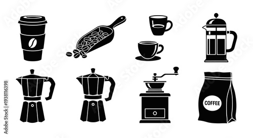 Black and White Icons Set: Coffee Maker, Cup, French Press, Grinder, Beans