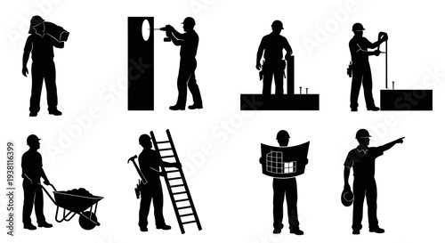 Construction workers silhouettes in various actions, black and white
