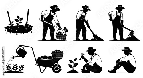 Farmer Silhouette Set, Farming Glyph Icons, Agriculture  Gardening Black  White