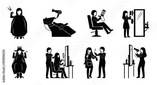 Hair Salon Icons: Stylists, Chairs, Hairdryers, Mirrors, Black  White Glyph