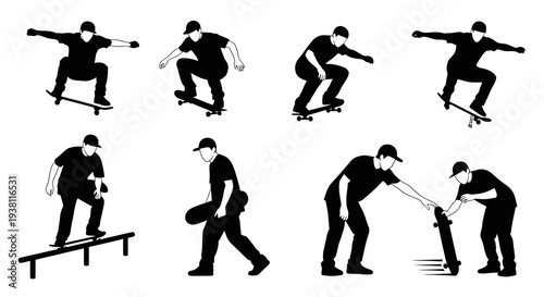 Black  White Silhouette of Skateboarder Performing Tricks