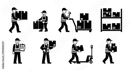 Warehouse worker carrying boxes, logistics icons, black and white