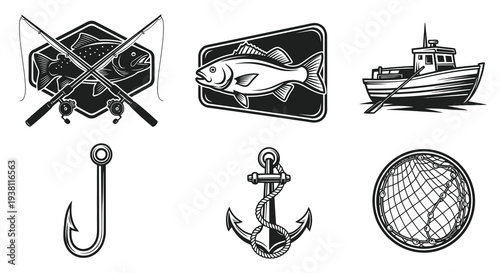 Vintage Fishing Icons Set Black and White Line Art Vector