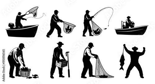 Fishing Silhouette Set: Fishermen with Nets and Boat in Black and White