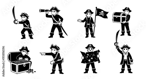 Black and White Vector Icons of Pirates with Swords, Treasure Chests, Map