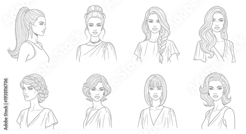 Black and White Line Art Illustrations of Diverse Female Hairstyles