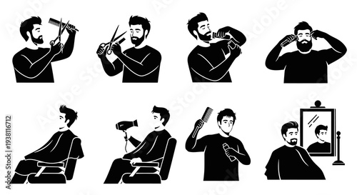 Black  White Icons Set of Barbershop Services and Men's Grooming