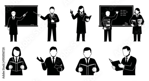 Black and White Icons of Teachers and Students with Books